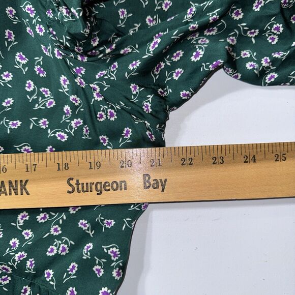 Gap Dress Womens Sz 20 Green Floral Long Sleeve Satin Puff Sleeve Midi V Neck - Picture 7 of 12